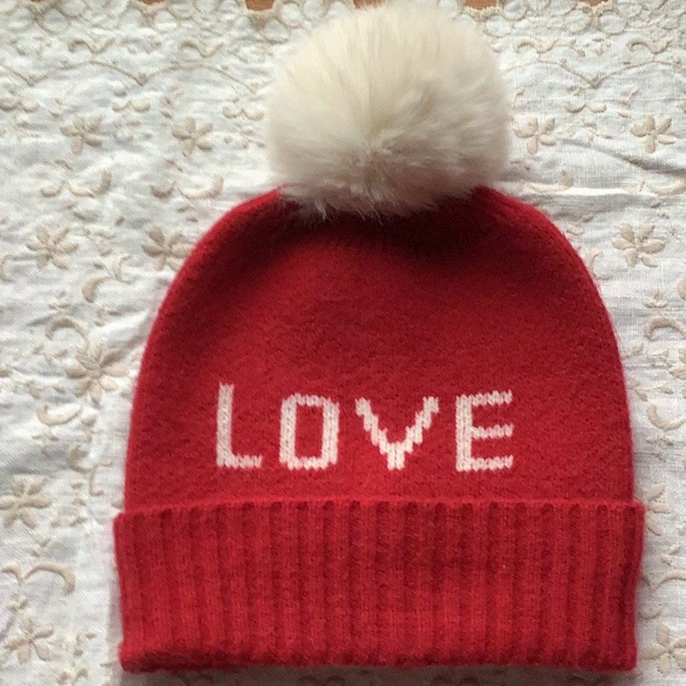 Knit Hat ❤️ Red with LOVE in White letters and White Pom Poms. Never worn.